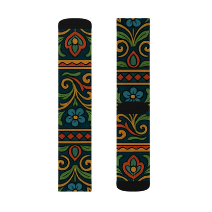 Victorian floral tile sublimation socks by Printify, patterned all-over crew socks featuring intricate floral and tile design.