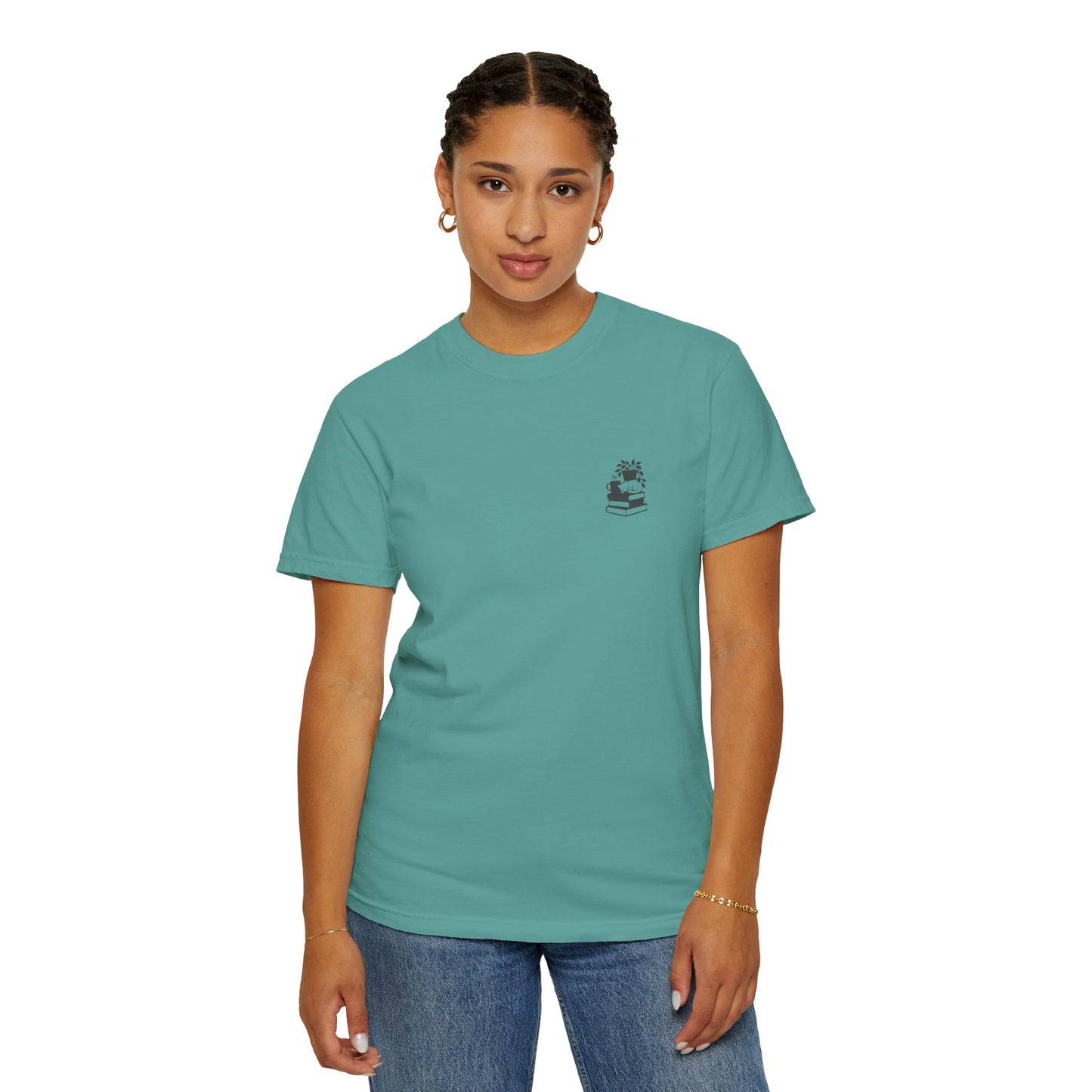 Cozy Cat on Books T-Shirt | Reading Tea Stack Illustration