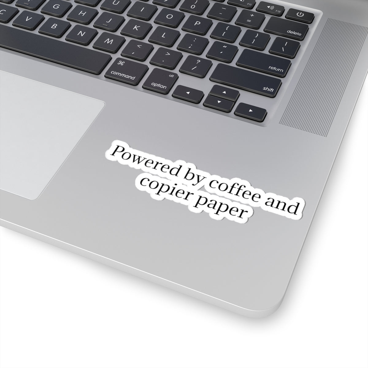 Powered by Coffee and Copier Paper Kiss-Cut Sticker — Funny Office Laptop Decal