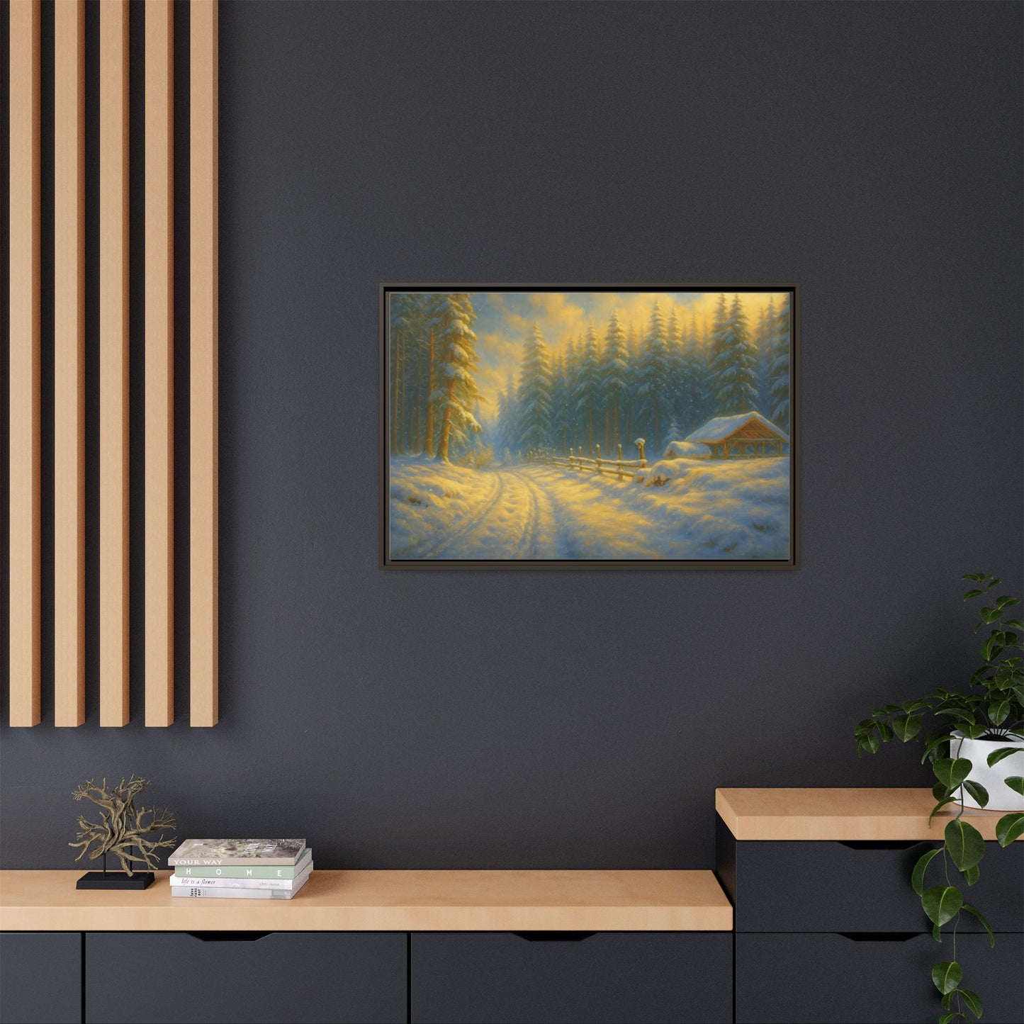 Framed winter cabin canvas print featuring a snowy forest sunset wall art by Printify, showcasing a cozy winter scene.