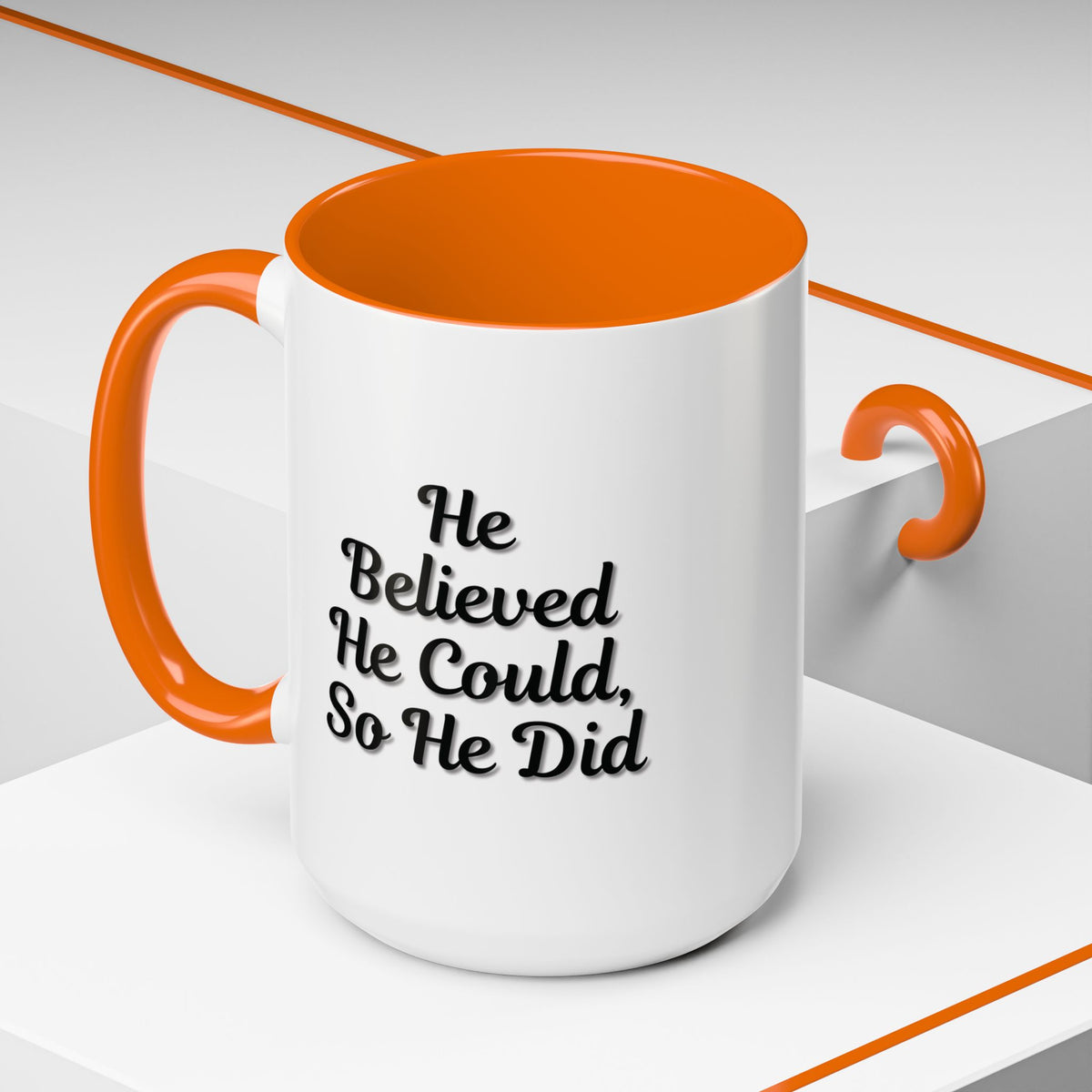 Printify inspirational coffee mug with the quote "He Believed He Could So He Did" featuring bold black text on a white ceramic mug.