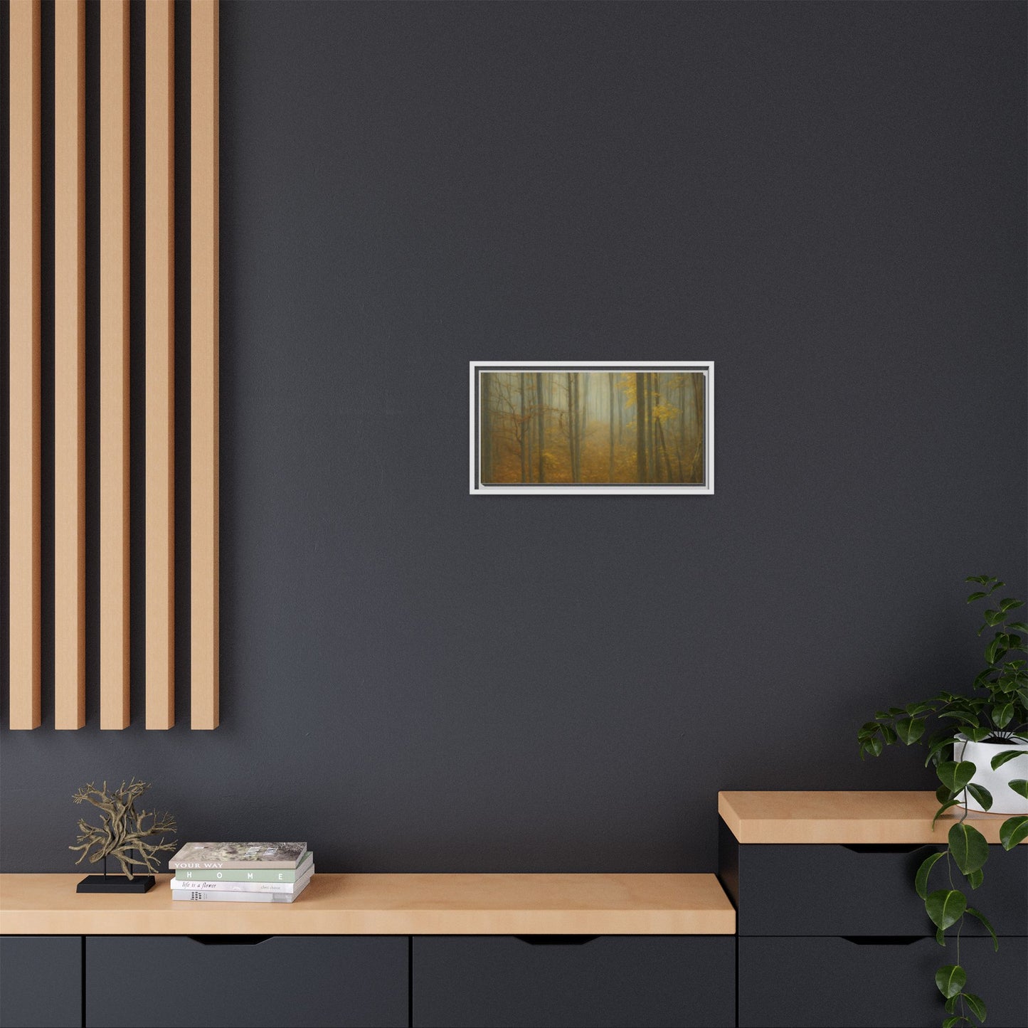 Framed matte canvas wall art of misty autumn forest scene with trees and fog, printed by Printify.