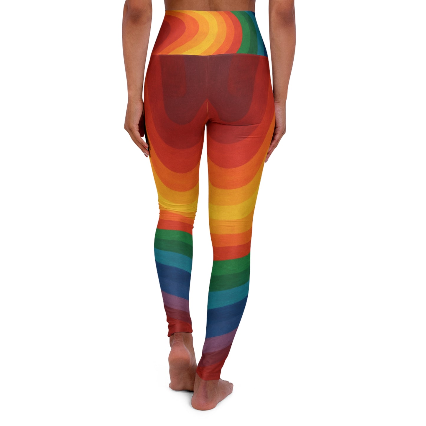 Rainbow High-Waisted Yoga Leggings with vibrant all-over print, designed for comfort and style by Printify