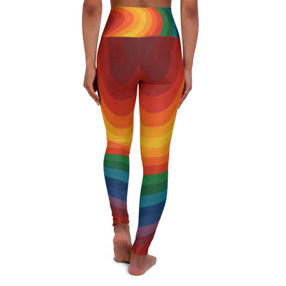 Rainbow High-Waisted Yoga Leggings with vibrant all-over print, designed for comfort and style by Printify