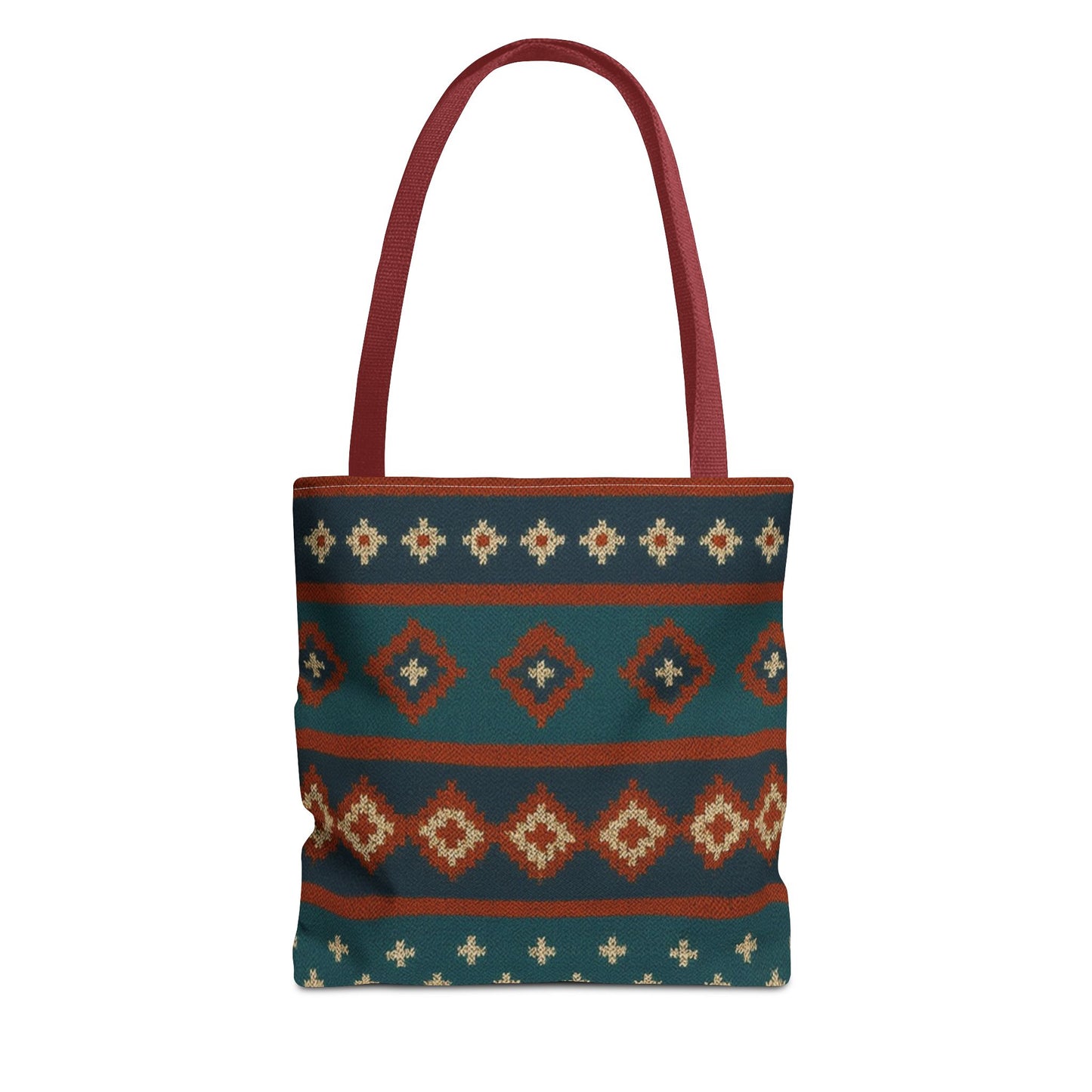 Southwestern diamond pattern tote bag with Aztec tribal geometric print, featuring sturdy straps and vibrant design.