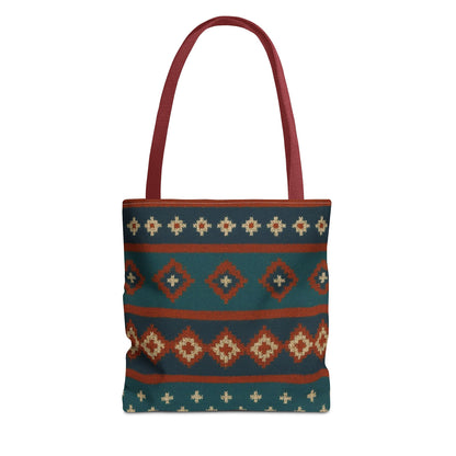 Southwestern diamond pattern tote bag with Aztec tribal geometric print, featuring sturdy straps and vibrant design.
