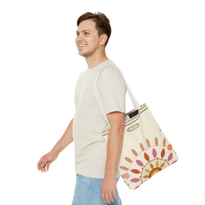 Boho floral mandala tote bag with pastel sunburst pattern from Printify, featuring vibrant floral and geometric design.