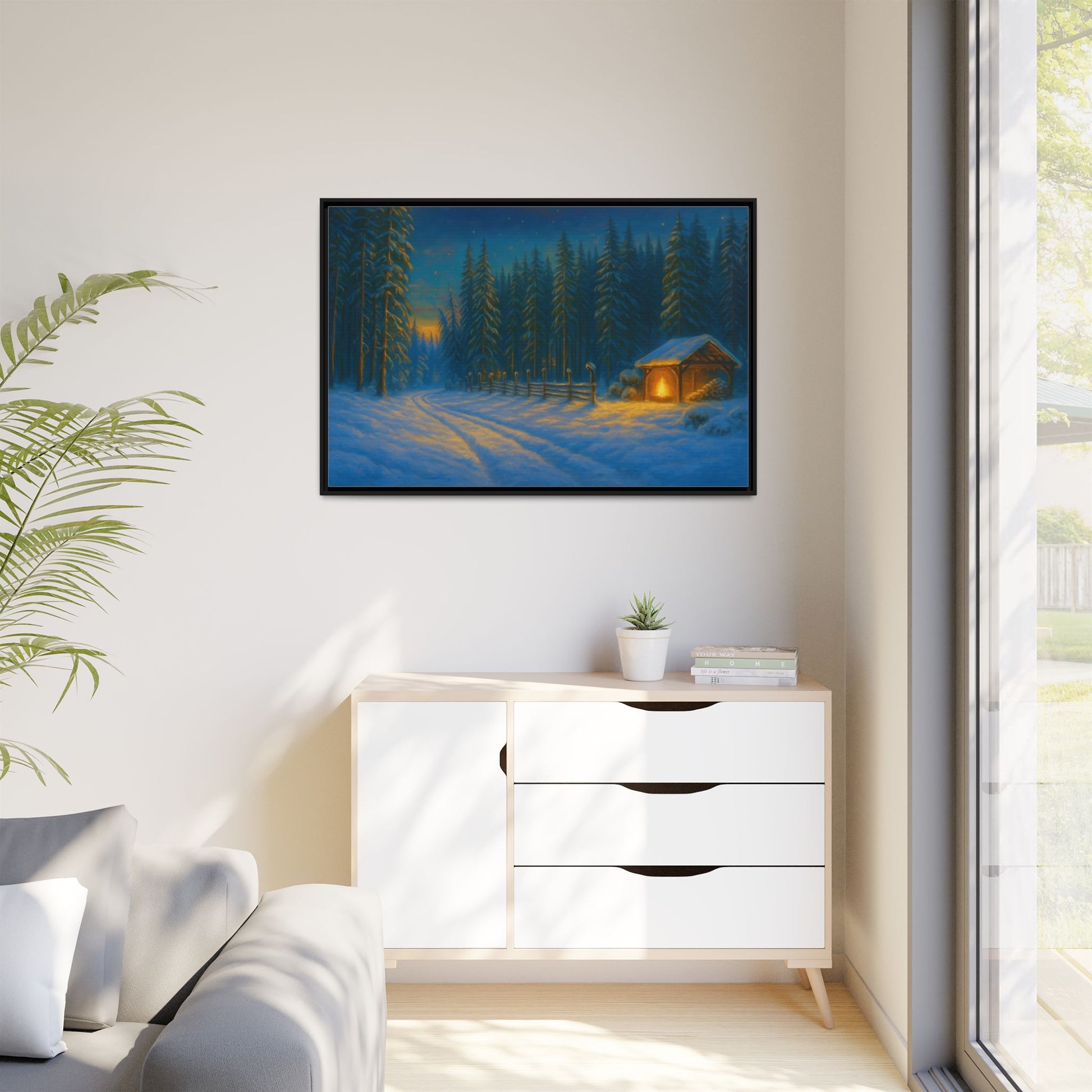 Cozy winter cabin matte framed canvas wall art featuring a snowy forest evening scene for home decor.