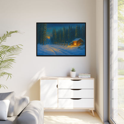 Cozy winter cabin matte framed canvas wall art featuring a snowy forest evening scene for home decor.