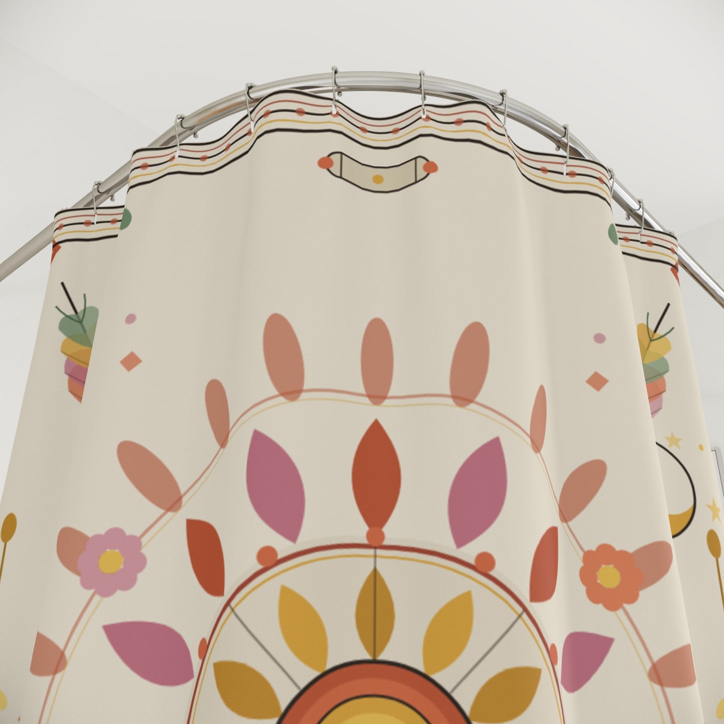 Boho Floral Mandala Shower Curtain | Neutral Pink Yellow Sunburst