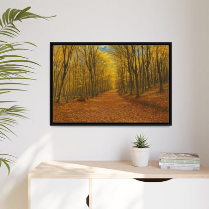 Autumn Forest Path matte canvas framed wall art by Printify featuring a scenic forest trail in fall colors.
