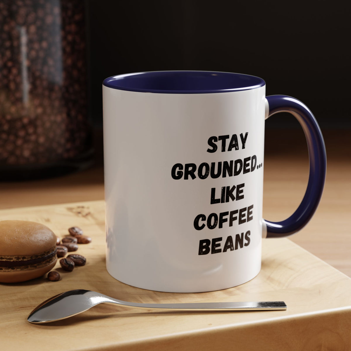 Printify Stay Grounded coffee mug with humorous coffee lover quote, 11oz ceramic cup with coffee bean design.
