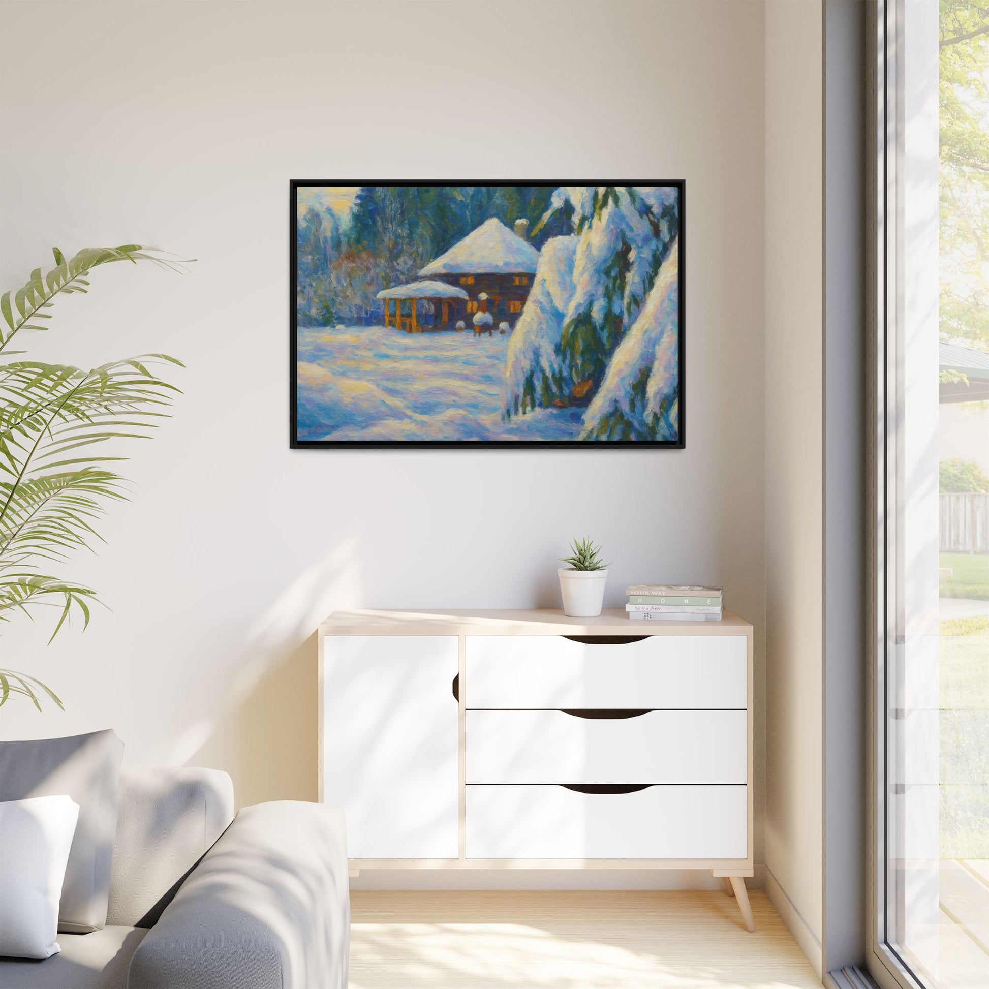 Framed matte canvas print of a snowy cabin winter landscape wall art by Printify, featuring a cozy cabin surrounded by snow.