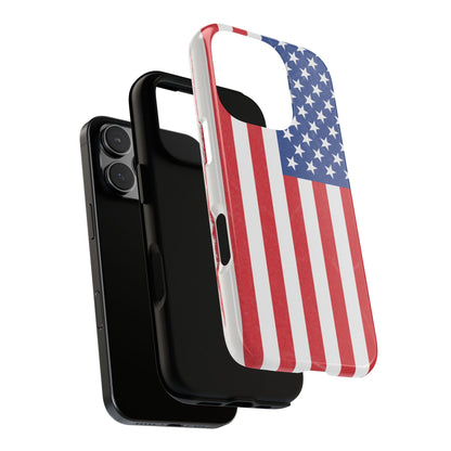 Durable American flag phone case for iPhone by Printify, featuring patriotic design and rugged protection.