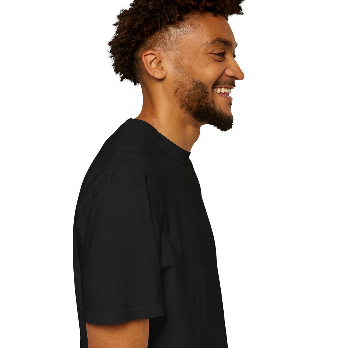 Black T-shirt with a minimal white finger heart graphic, casual style, by Printify.