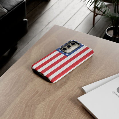 American flag tough phone case for iPhone and Samsung, patriotic protective cover with bold flag design by Printify