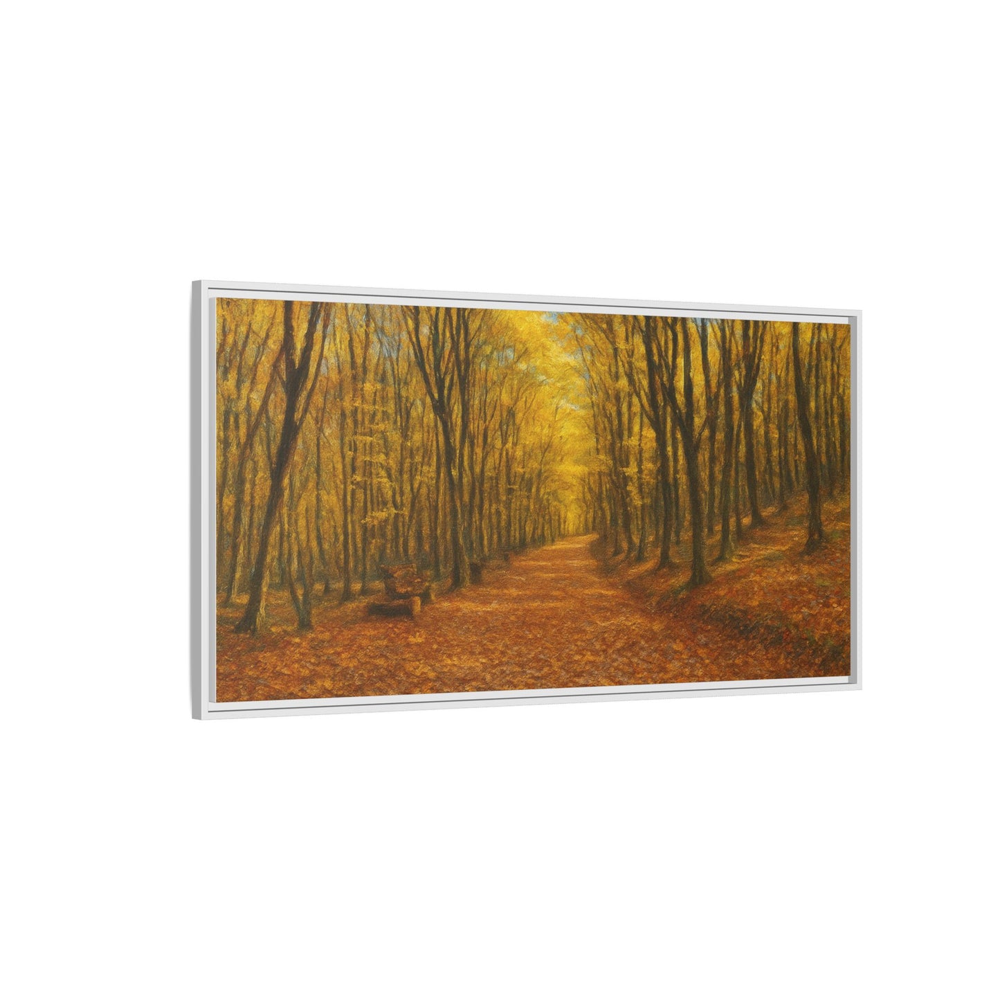 Autumn forest path matte canvas wall art by Printify featuring a scenic forest trail in warm fall colors.