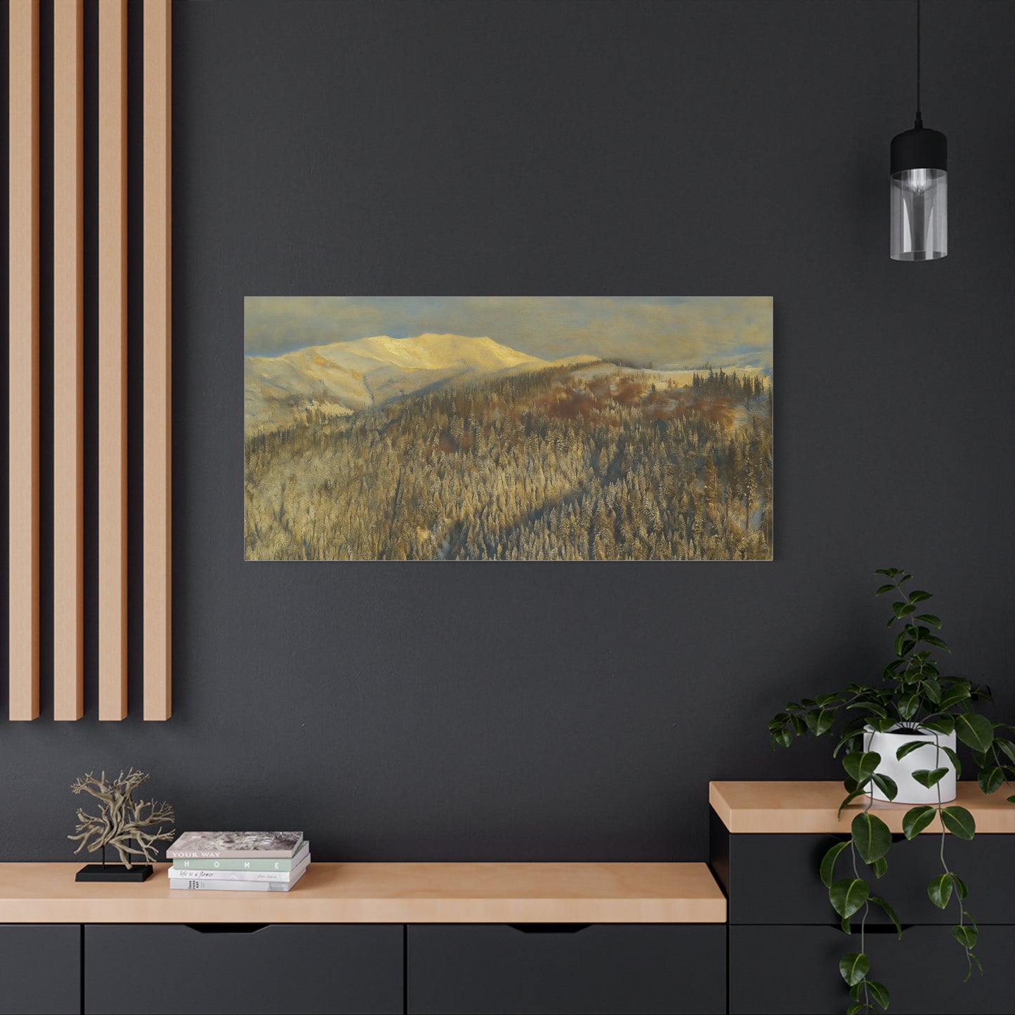 Winter mountain landscape matte canvas print by Printify, stretched 1.25 inches, featuring a scenic snowy mountain scene.