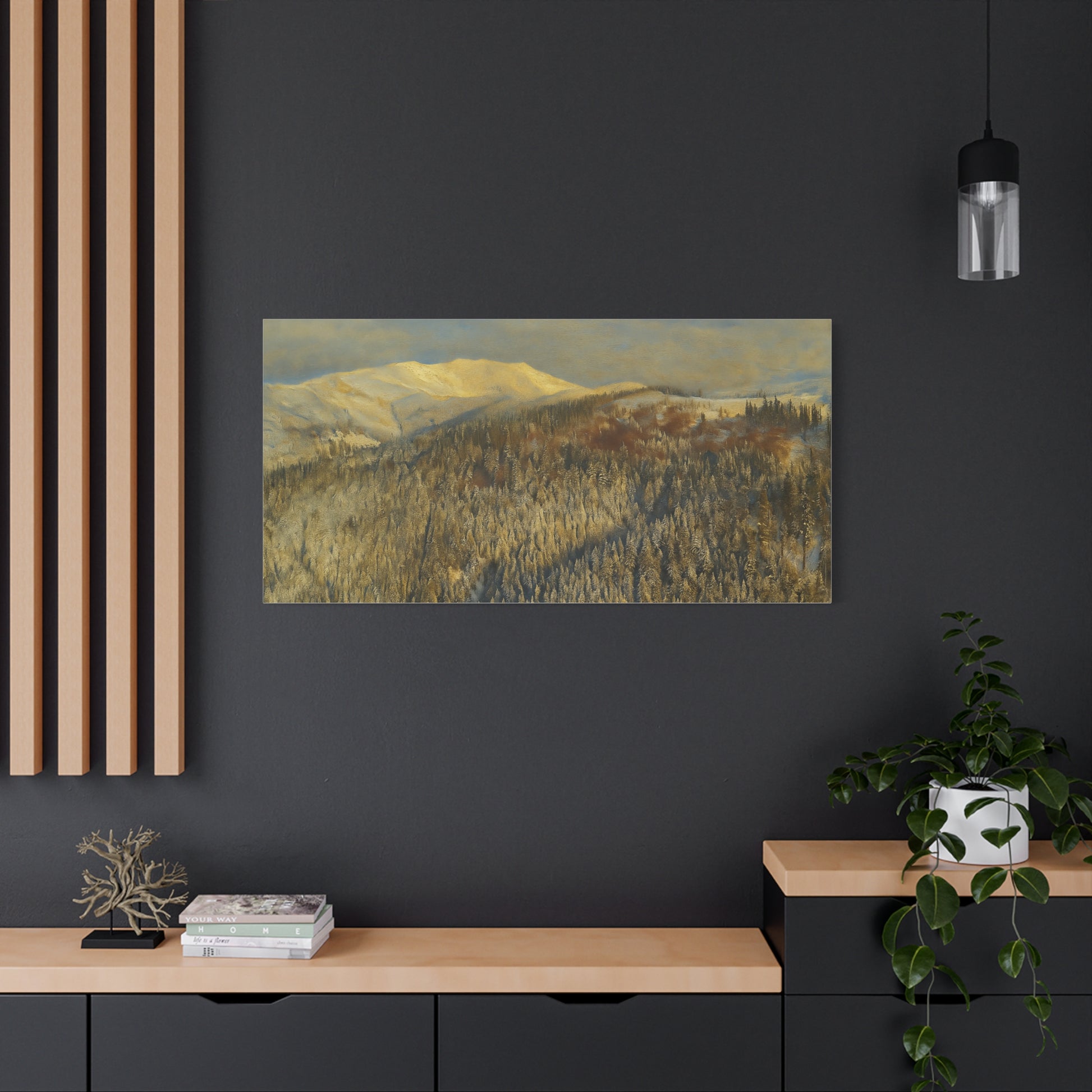 Winter mountain landscape matte canvas print by Printify, stretched 1.25 inches, featuring a scenic snowy mountain scene.