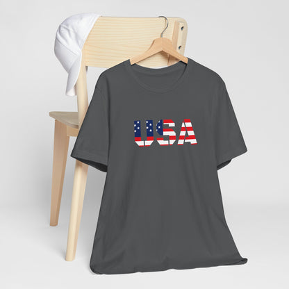 USA Flag Text Tee — Patriotic Fourth of July T-Shirt