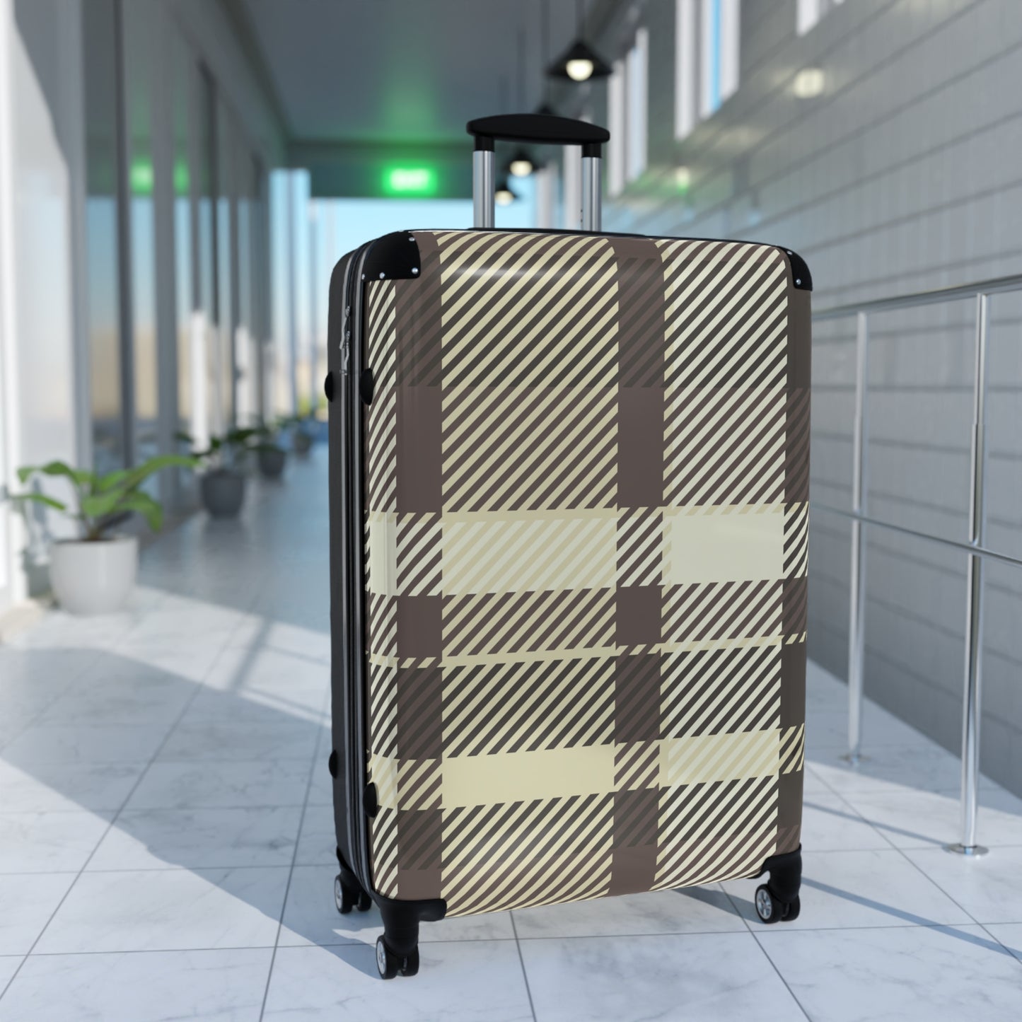 Plaid Carry-On Suitcase — Neutral Beige & Black Travel Luggage