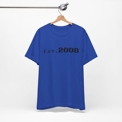 Black graphic T-shirt from Printify featuring "Established 2008" minimal design on the front.