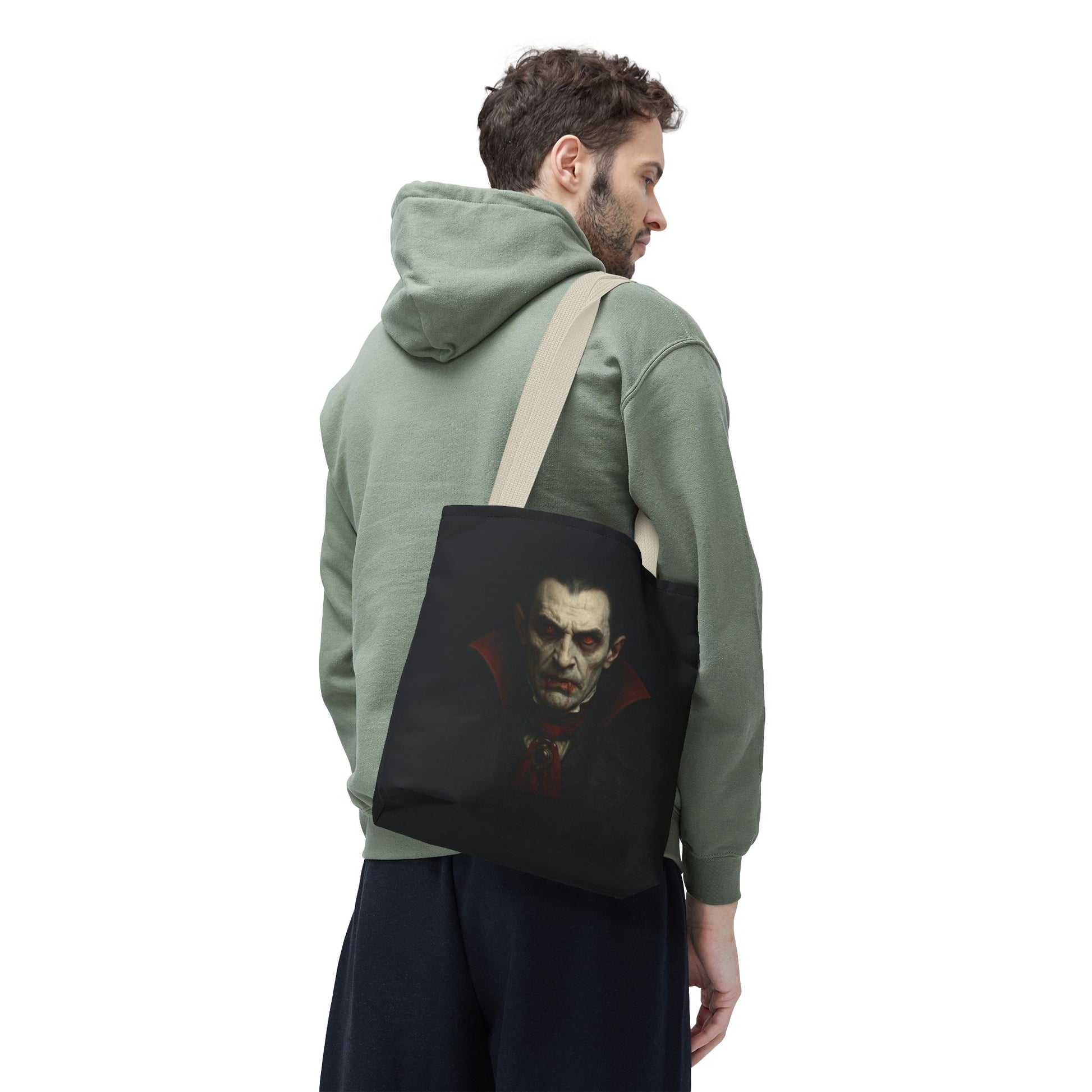 Black vampire-themed tote bag with spooky Gothic design, perfect for Halloween accessories, by Printify.