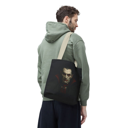 Black vampire-themed tote bag with spooky Gothic design, perfect for Halloween accessories, by Printify.