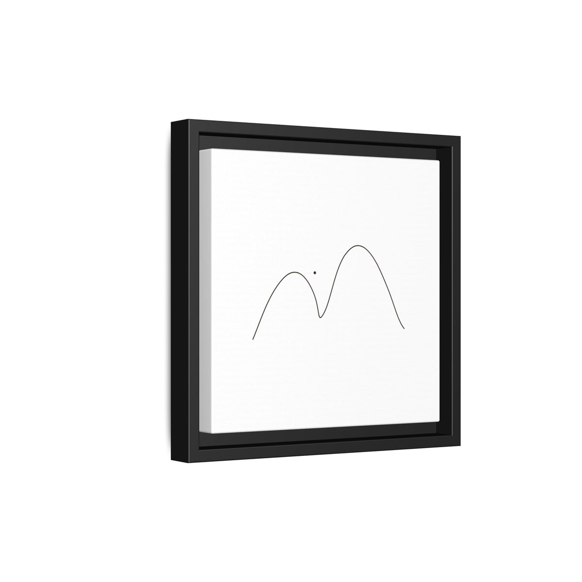 Framed minimalist mountain line art canvas print by Printify, featuring simple black mountain outline on matte canvas.