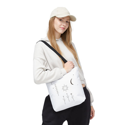 Minimal Moon and Sun botanical tote bag featuring celestial line art design, crafted for stylish, eco-friendly carrying.