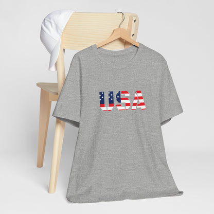 USA flag text t-shirt by Printify featuring patriotic red, white, and blue design for Fourth of July celebrations.