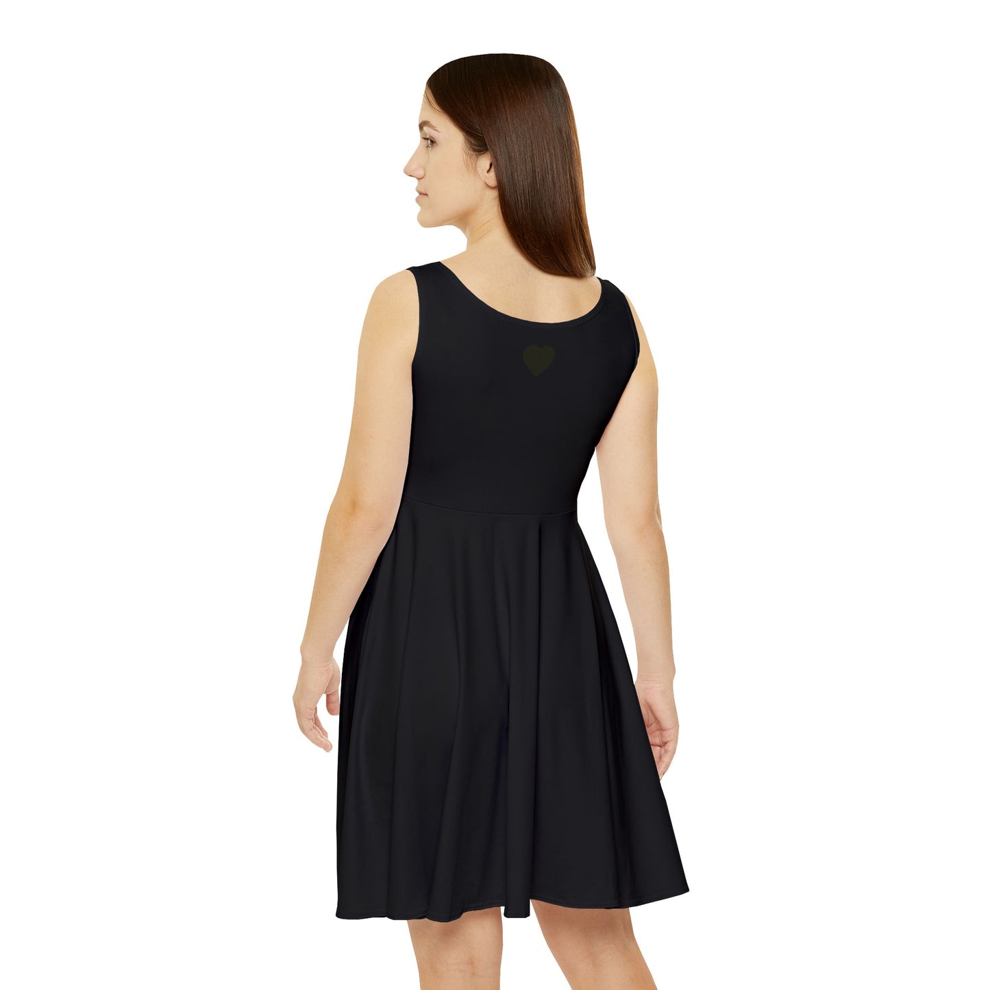 Black skater dress with all-over print, sleeveless A-line design for women, by Printify, shown on a model.