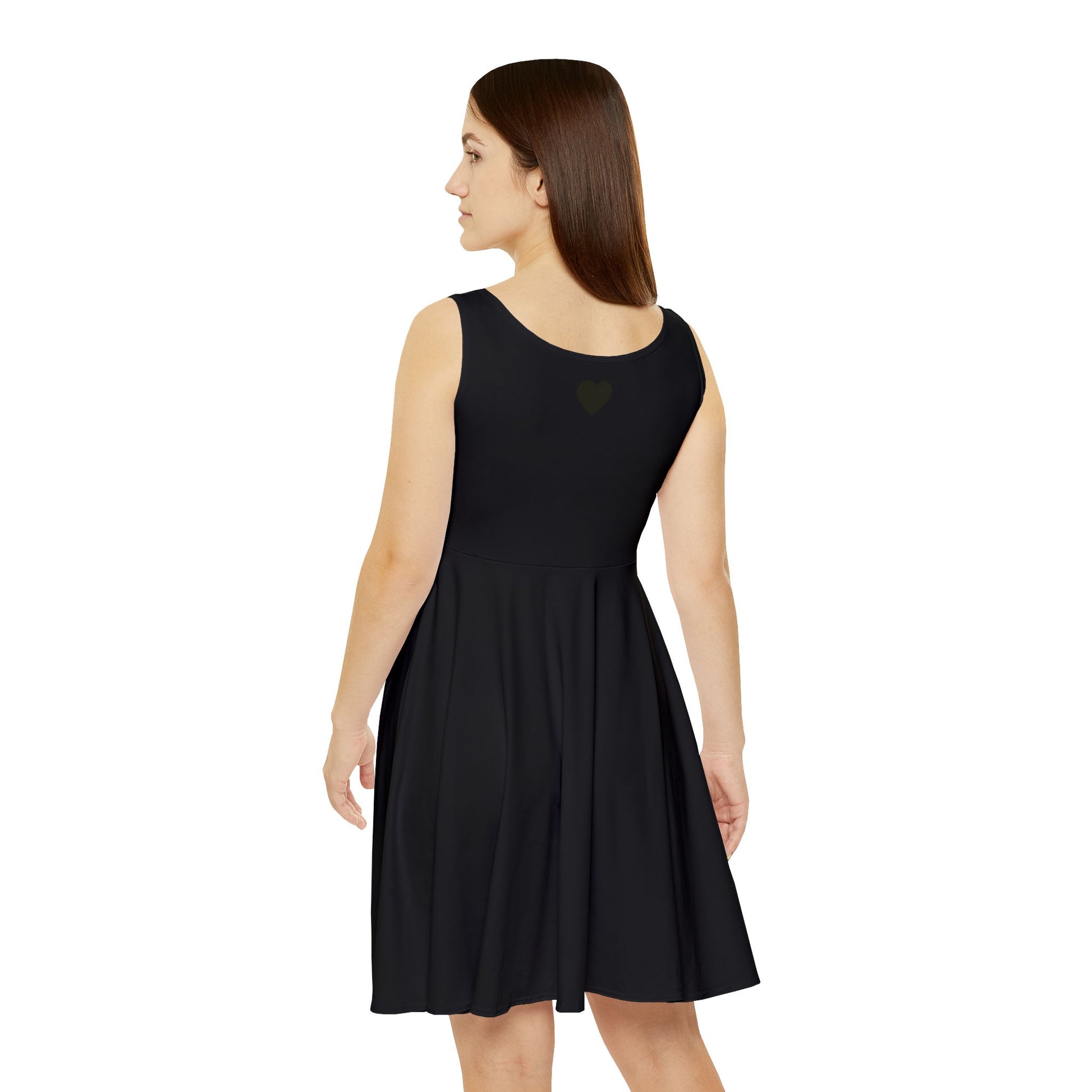 Black skater dress with all-over print, sleeveless A-line design for women, by Printify, shown on a model.