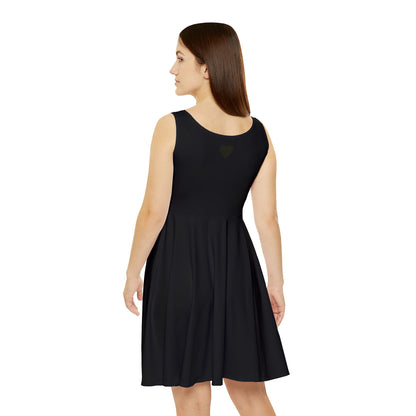Black skater dress with all-over print, sleeveless A-line design for women, by Printify, shown on a model.