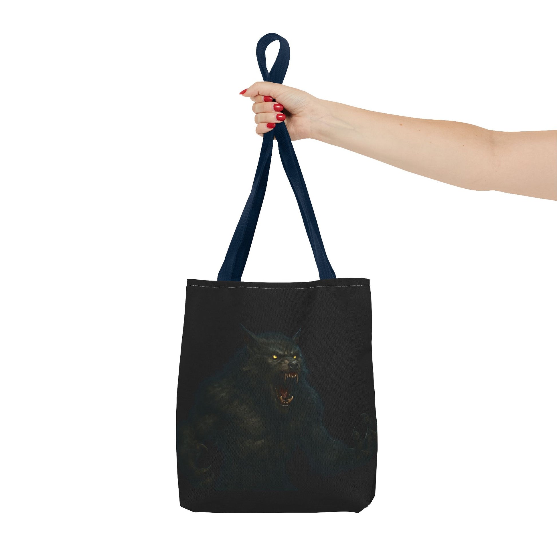 Werewolf tote bag with dark Halloween art, featuring a spooky wolf design, perfect gift for horror and Halloween fans.