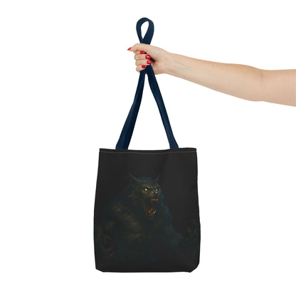 Werewolf tote bag with dark Halloween art, featuring a spooky wolf design, perfect gift for horror and Halloween fans.