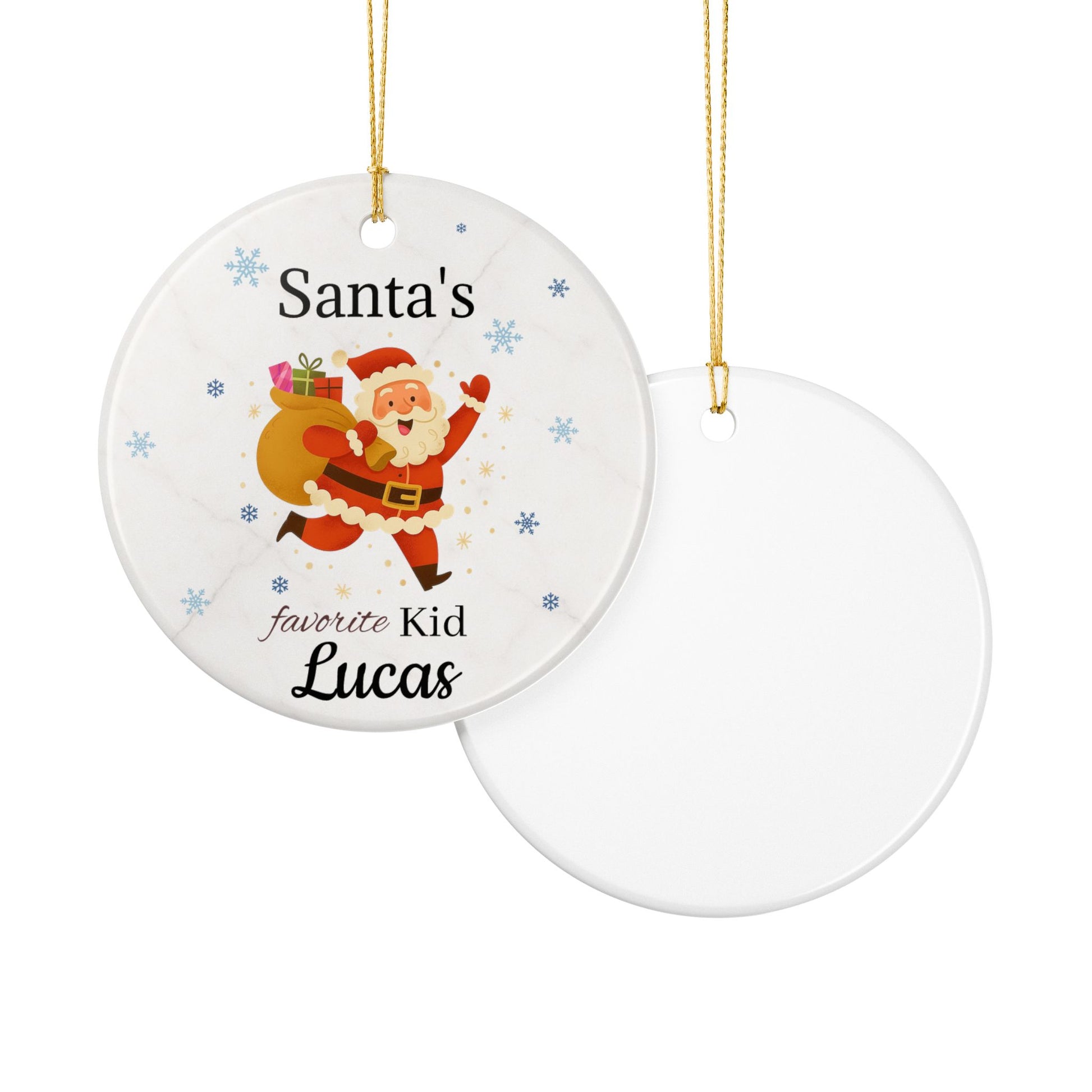 Personalized ceramic ornament featuring Santa's Favorite Kid Lucas, with festive holiday design and colorful details.