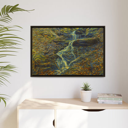 Framed matte canvas wall art featuring a scenic autumn forest with a waterfall, designed by Printify.