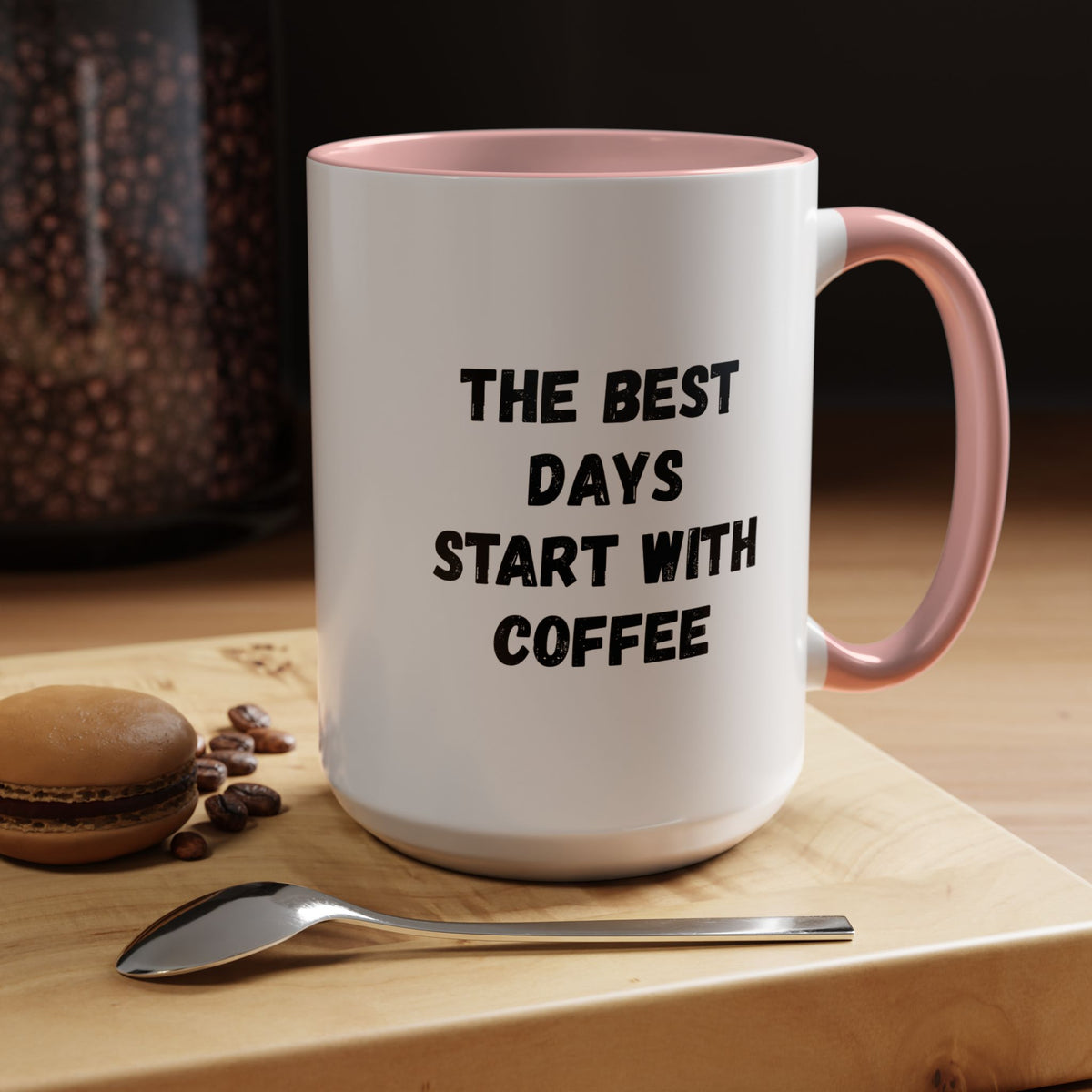 Ceramic coffee mug with "The Best Days Start With Coffee" text, 11oz size, white accent mug from Printify.
