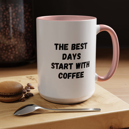 Ceramic coffee mug with "The Best Days Start With Coffee" text, 11oz size, white accent mug from Printify.