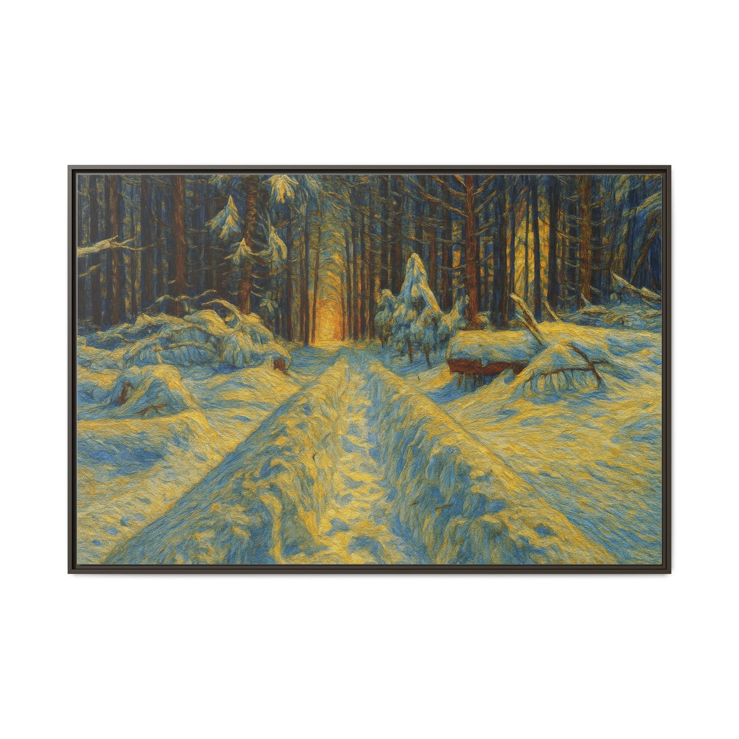 Framed matte canvas print of a snowy forest path at sunset, wall art by Printify showcasing winter landscape scene.