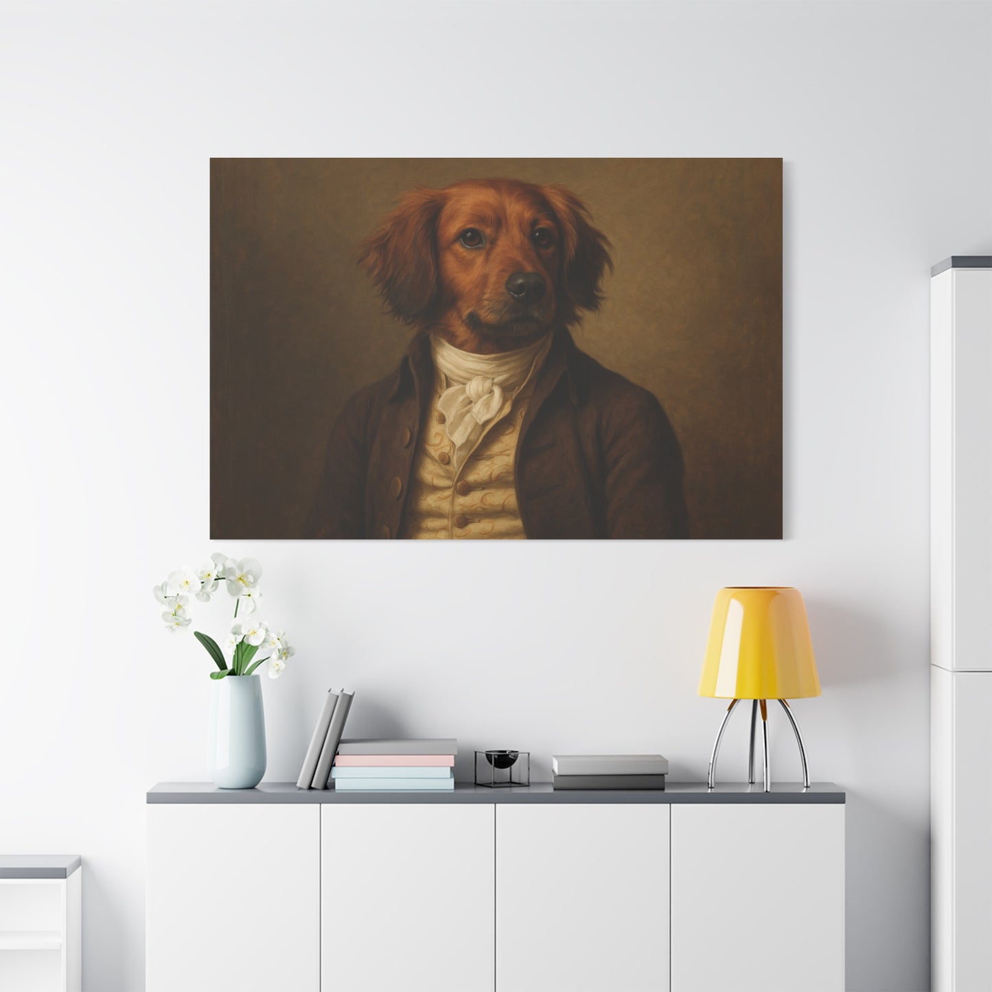 Printify Regal dog portrait on matte canvas featuring a detailed, vibrant dog image suitable for wall decor.