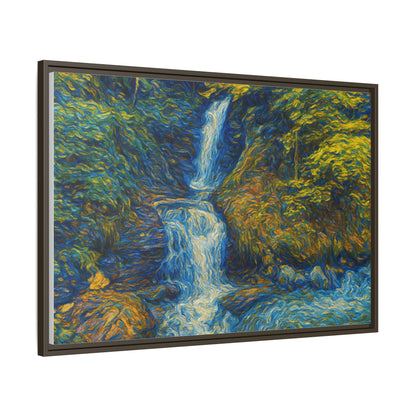 Framed matte canvas print of an impressionist waterfall wall art by Printify, showcasing vibrant colors and textured brushstrokes.