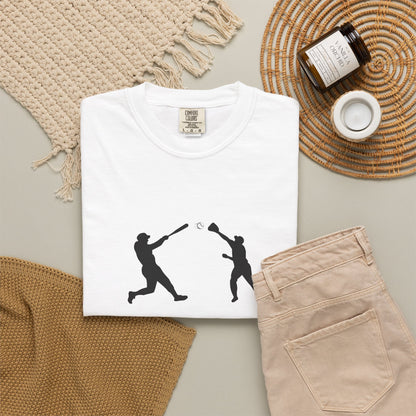 Minimal baseball players graphic T-shirt featuring a silhouette design, casual unisex tee from Printify.