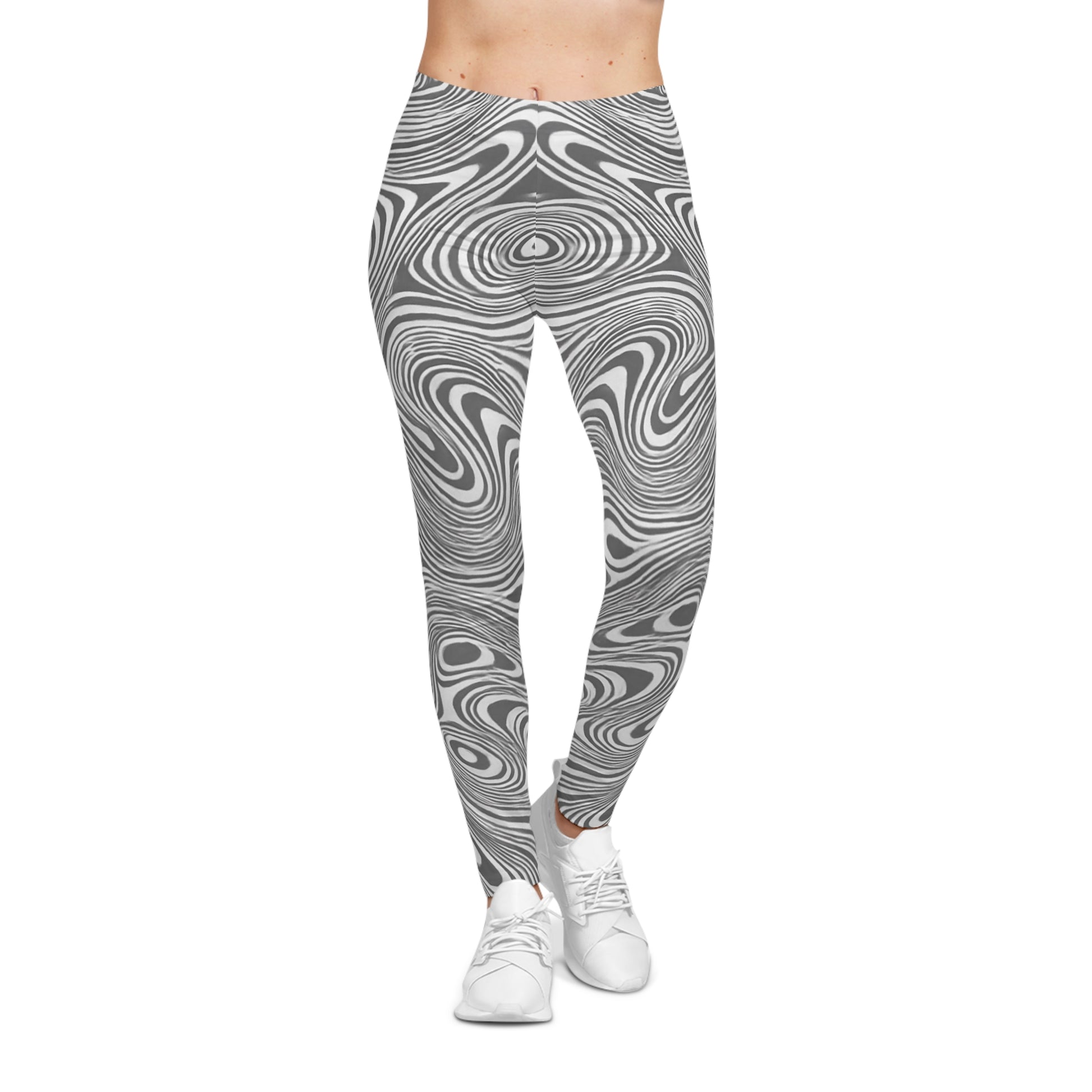 Black and white monochrome swirl leggings with an abstract all-over print from Printify, showcasing a bold, artistic design.