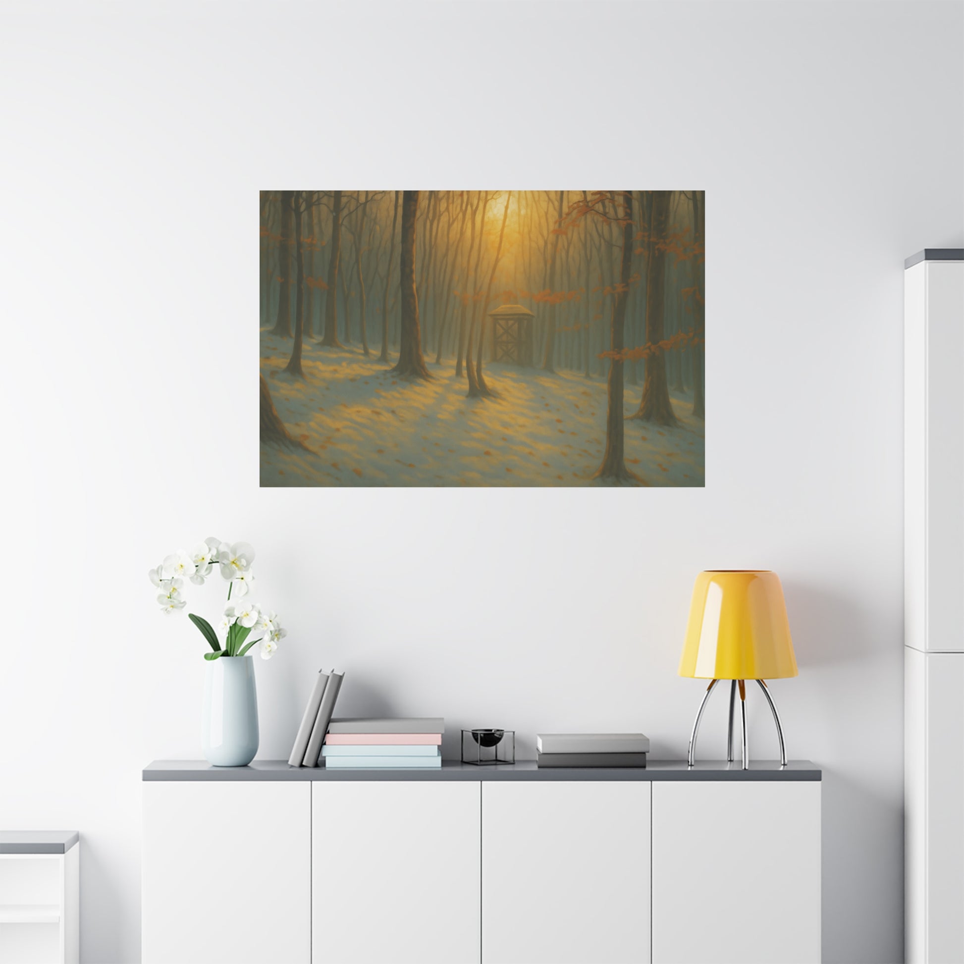 Matte stretched canvas print of Misty Forest Sunrise, featuring a serene forest scene with soft morning light, by Printify.