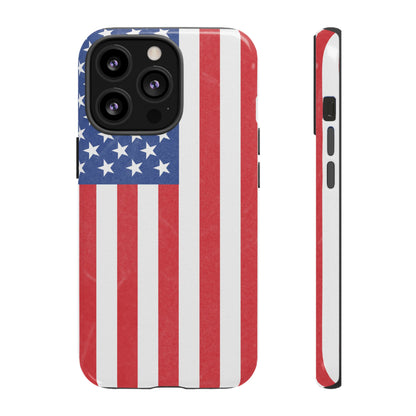 American flag tough phone case for iPhone and Samsung, patriotic protective cover with bold flag design by Printify.