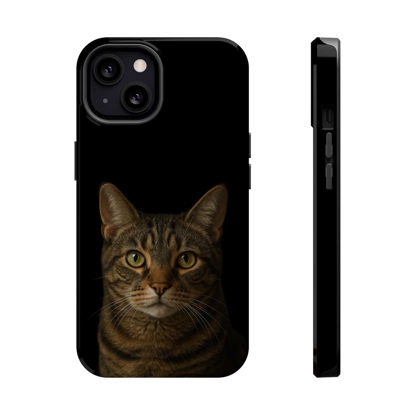 Tabby cat portrait phone case attached to MagSafe charger