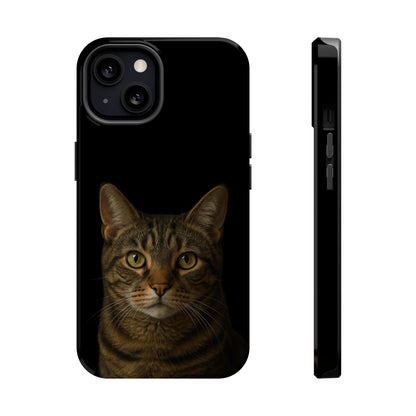 Tabby cat portrait phone case attached to MagSafe charger