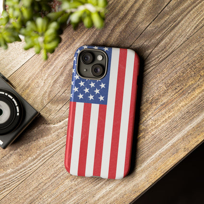 American flag tough phone case for iPhone and Samsung, patriotic protective cover with durable design and vibrant flag print.